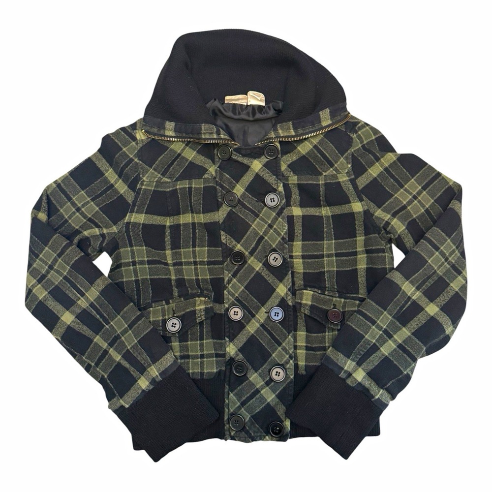 Mudd Y2K Plaid Cropped Bomber Jacket Black/Green Zip Button Size M Coat